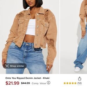 Fashion Nova Onto You Ripped Denim Jacket Khaki Large Non-Stretch